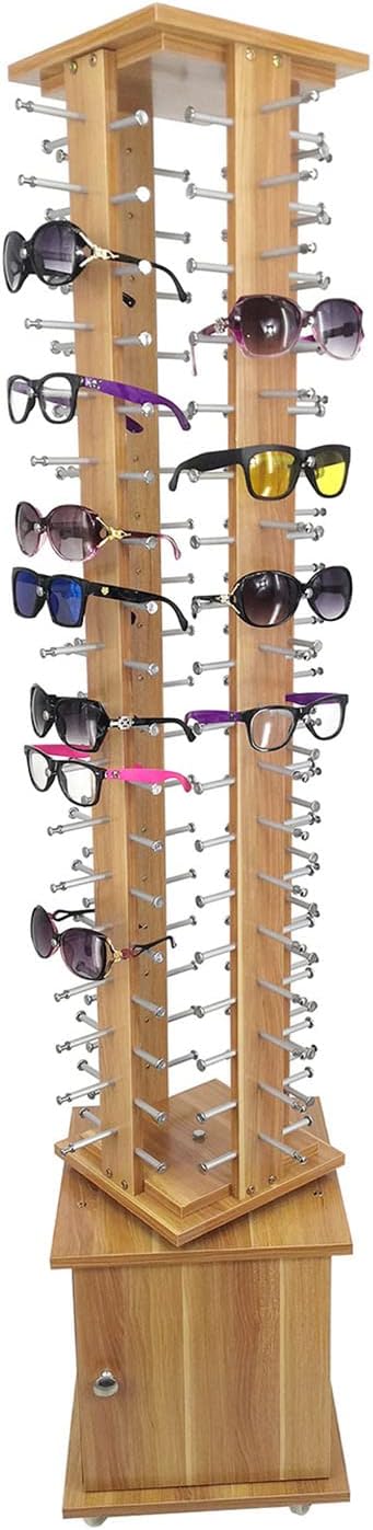 Mobile Floor Standing Rotating Storage Display Stand Organizer,Wooden Retail Sunglass Display Rack 72-108 Pairs Eyewear Holder,108 Pairs Wood Grain