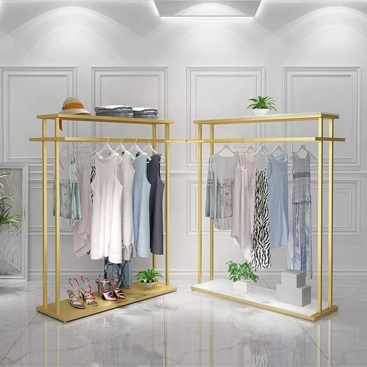 Heavy Duty Clothing Display Rack,Clothing Store Rolling Garment Rack with Wheel,Commercial Grade,Floor-Standing Double Hanging Retail Clothes Shelves