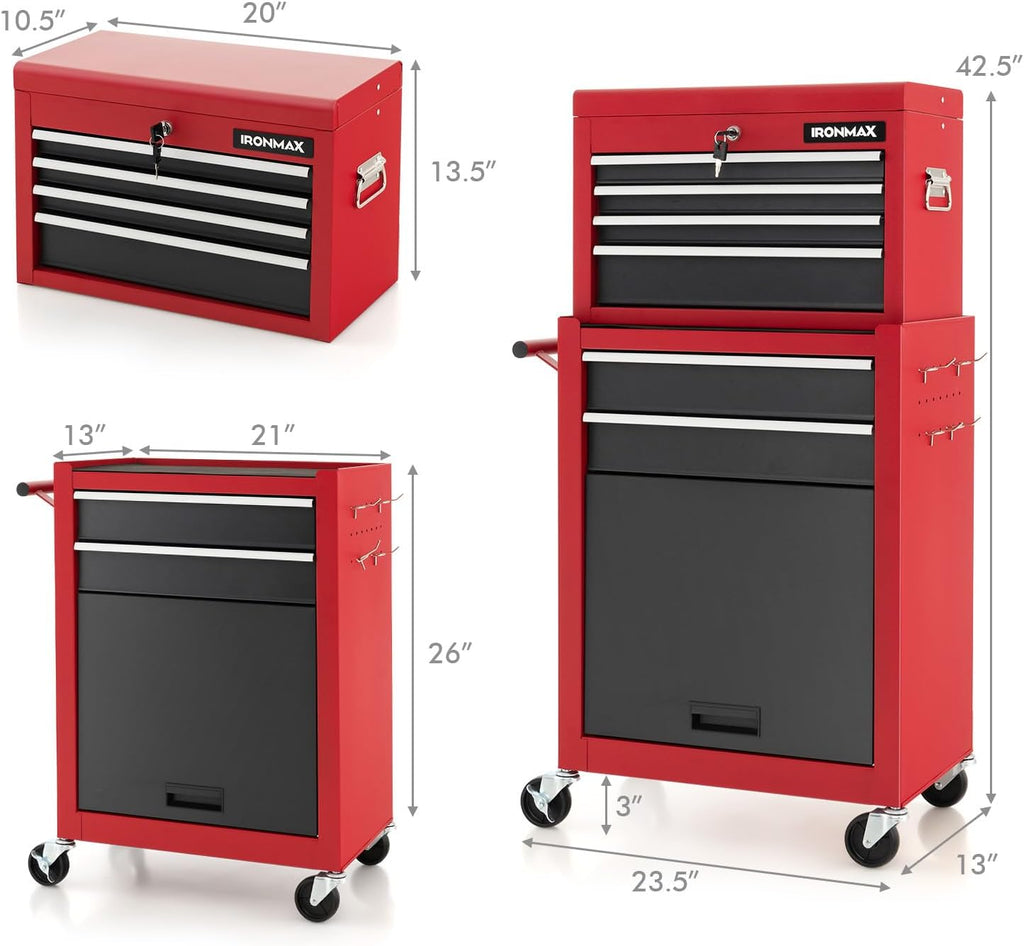 ERGOMASTER Tool Cabinet Chest Include 4-Drawers Removable Top Box + 2-Drawer & Caibinet Capacity Tool Storage with Wheels and Locking System - BlackRed 6-Drawers, TOOLBOX-2023