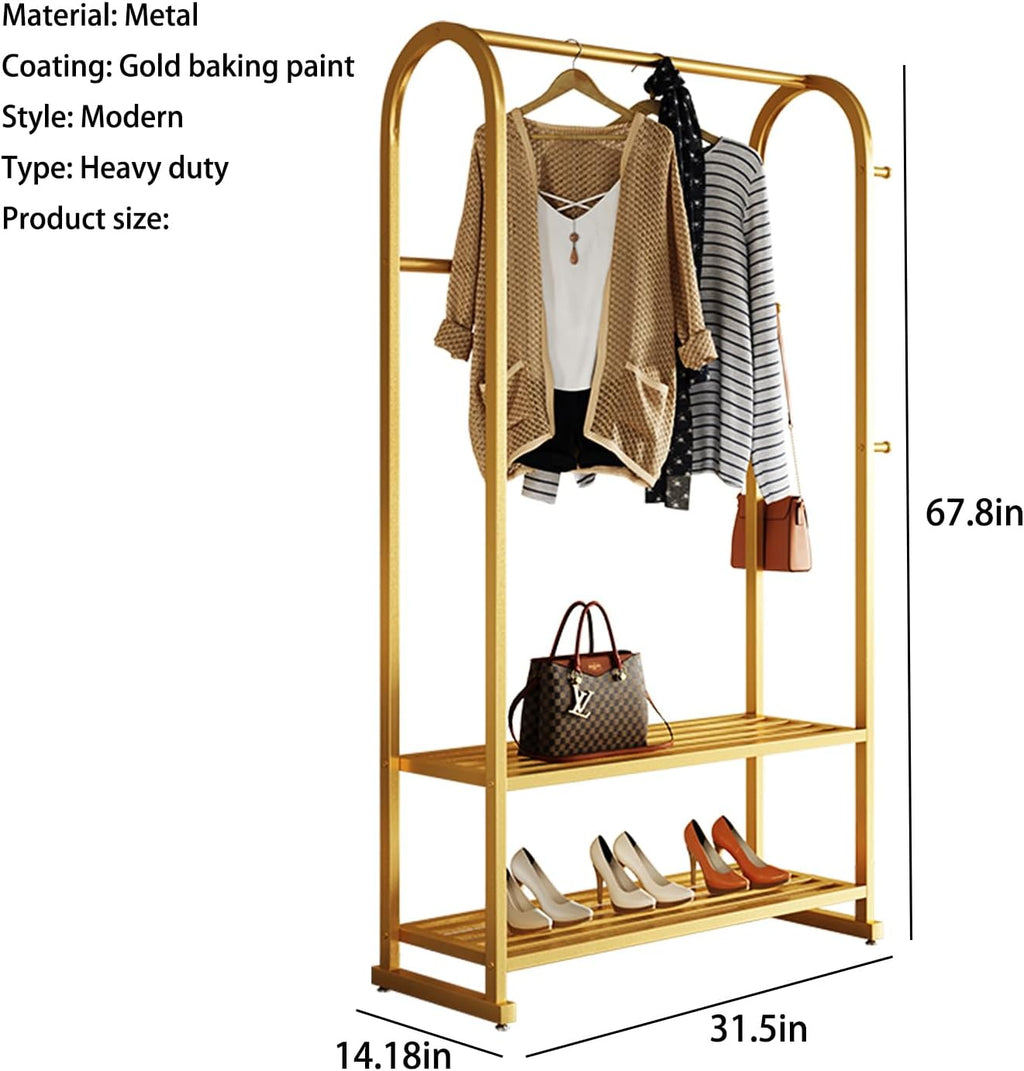 Gold Clothing Rack with 2 Shelves and Side Hooks,Freestanding Metal Garment Rack for Hanging Clothes,Heavy Duty Clothes Rack with Shoe Storage,Modern Clothing Rack for Bedroom,Entryway,Closet