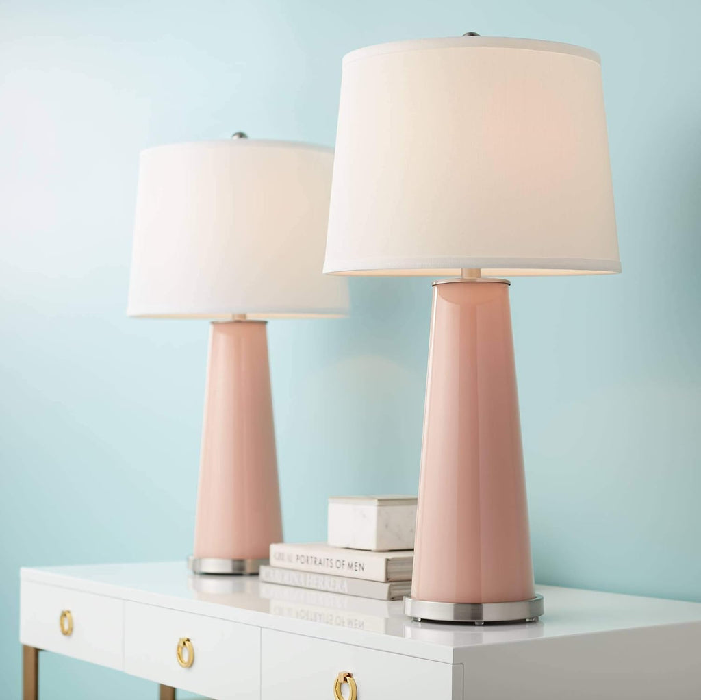 Color + Plus Leo Modern Table Lamps 29 1/2' Tall Set of 2 Mellow Coral Glass Tapered Column Plain White Drum Shade Decor for Bedroom Living Room House Home Bedside Nightstand Office Family