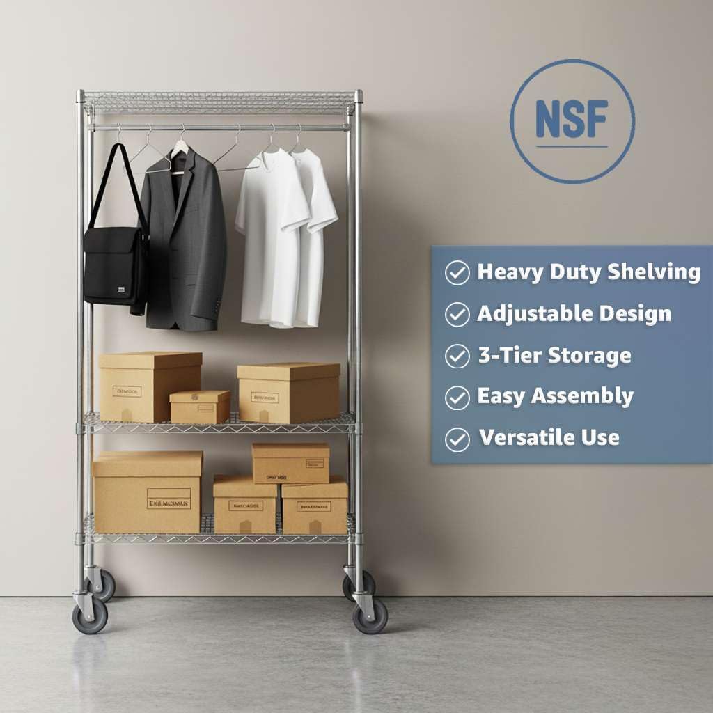 18' x 24' x 70' NSF Chrome Clothes Rack with Wheels, Heavy Duty Garment and Coat Shelf Organizer