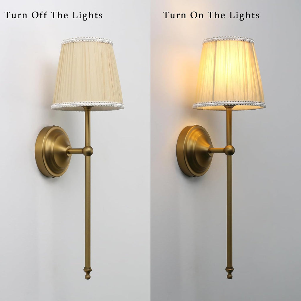 Phansthy Hardwired Brass Boho Wall Sconces Set of 2, Vintage Industrial Wall Lights 2 Pack, Vanity Light Wall Lamps with Lace Gauze Shade for Bedroom Living Room Hallway Decor (Antique + Khaki Shade)