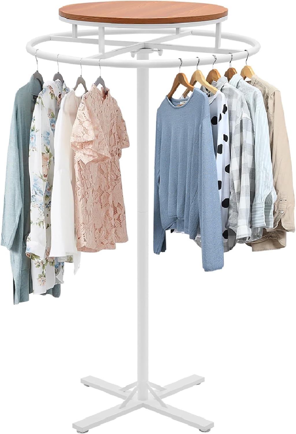 Round Garment Racks for Hanging Clothes 360° Rotary Clothes Display Rack 27.56' Diameter Freestanding Retail Display Stand Commercial Clothing Organizer Clothes Shelf for Retail Boutiques (White)