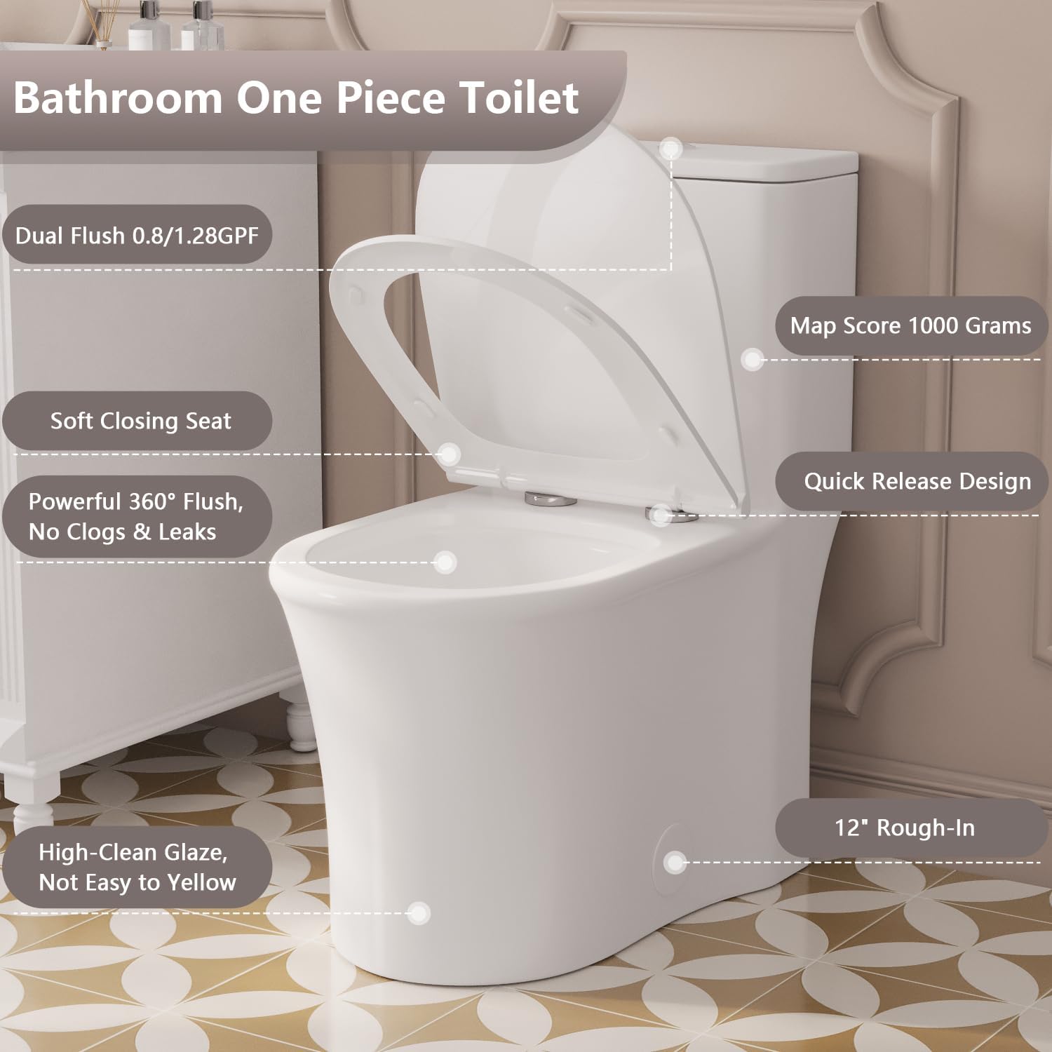 DeerValley One Piece Toilet, Elongated Toilet for Bathroom with 17.24' Comfortable Chair Seat Height, Dual Flush 0.8/1.28 GPF and MAP 1000g, Modern Toilet, 12' Rough-In Toilet Bowl