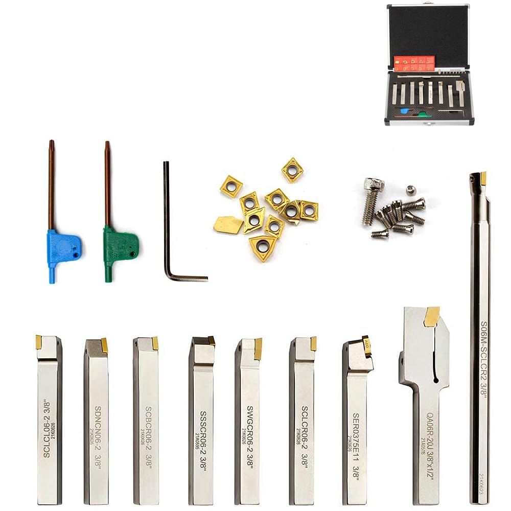 OSCARBIDE 3/8'Shank 9 Pieces/Set,Indexable Lathe Turning Tool Holder and Boring Bar,CNC Heavy-Duty Nickel Plated indexable Insert Holders for Turning Grooving Threading Cut Off