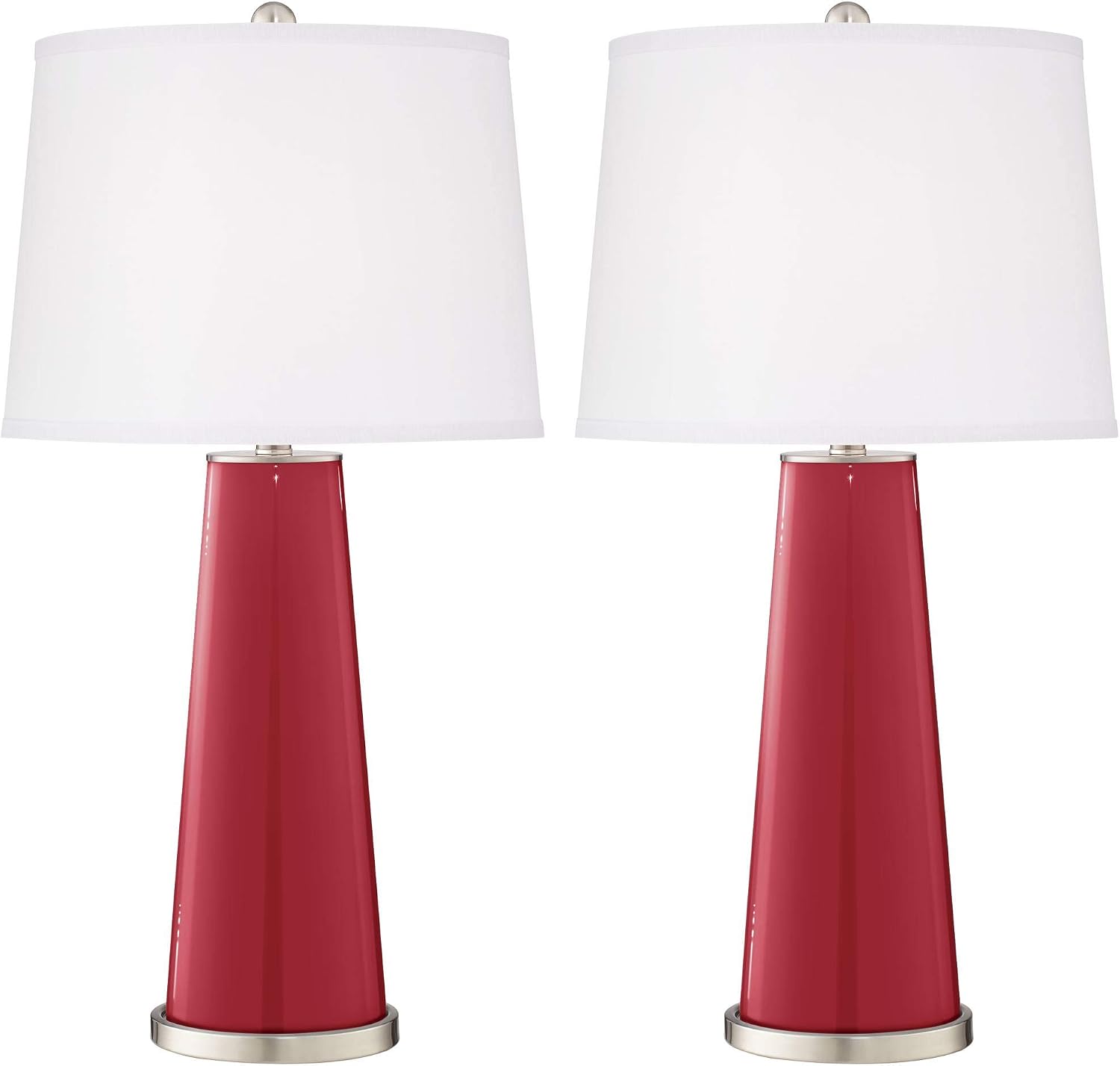 Color + Plus Leo 29 1/2' Tall Cylinder Modern End Table Lamps Set of 2 Samba Red Brushed Nickel Finish Glass Fabric White Shade Living Room Bedroom Bedside Nightstand House Office Home Reading