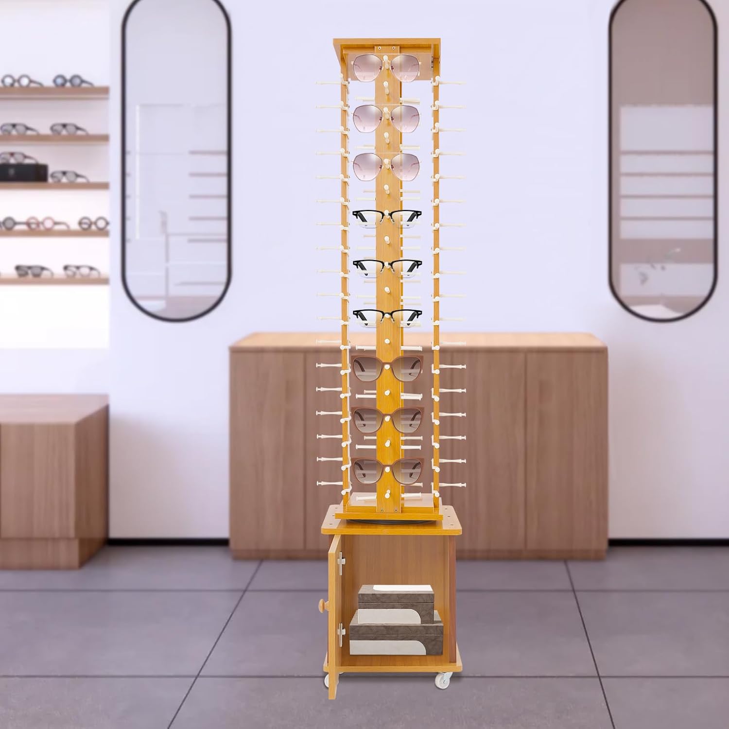 Sunglasses Display Rack, 72 Pairs Glasses Rack, 360° Rotating Eyeglasses Storage Organizer, Floor-standing Eyewear Holder, Glasses Display Stand with Storage Cabinet & Wheels, Wood Color