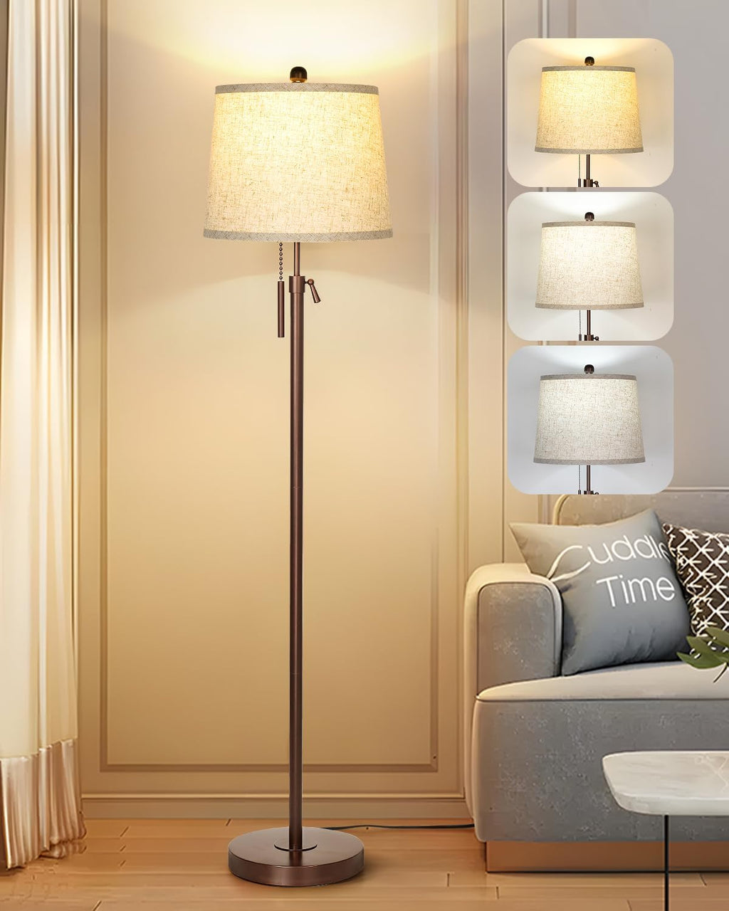 3 Piece Lamp Sets for Living Room Floor Lamp and Table Lamps Set of 3 Tall Standing Lamp Adjustable Height 3 Color Temperature Modern Brown Lamp for Bedroom Nightstand Bedside EndTable(Bulbs Included)