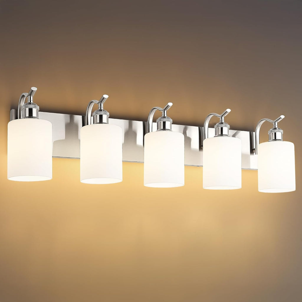 5 Light Bathroom Vanity Light, Brushed Nickel Vanity Lights for Morden Bathroom Lighting Fixtures Over Mirror Wall Light Fixtures with Milky White Frosted Shade ZCVL01BNW-5