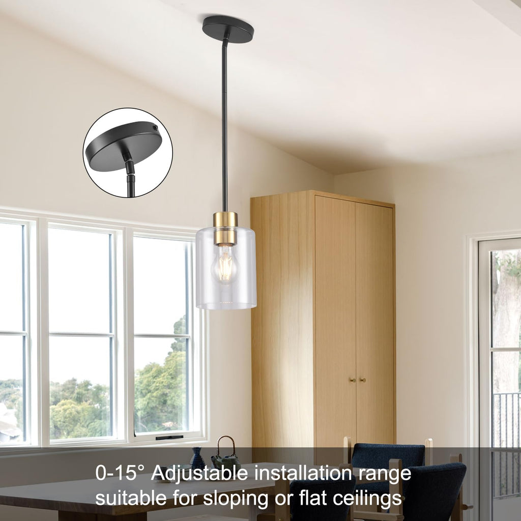 Modern 3 Pack Black Gold Pendant Lights for Kitchen Island, Brushed Brass Modern Hanging Light with Clear Glass Shade, Adjustable Metal Rod Pendant Lighting for Dining Room, Living Room, Bar, Entryway