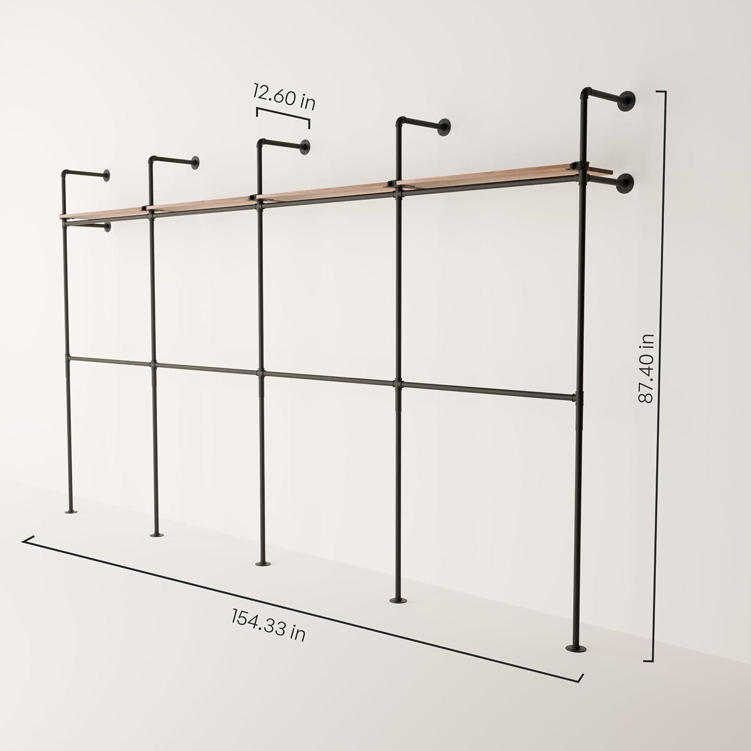 pamo Industrial Pipe Clothing Rack with Shelf – Wall Mounted Closet System, Black Powder-Coated Steel, Oak Boards – Walk-In Closet Organizer & Retail Clothing Rack