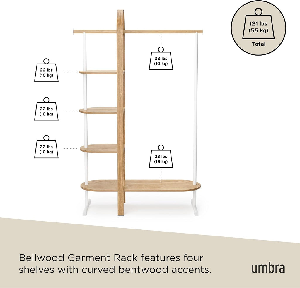 Umbra Bellwood Garment Rack Clothes Stand for Clothing, Coats, Dresses, with Shelf for Shoes and Accessories, White/Natural