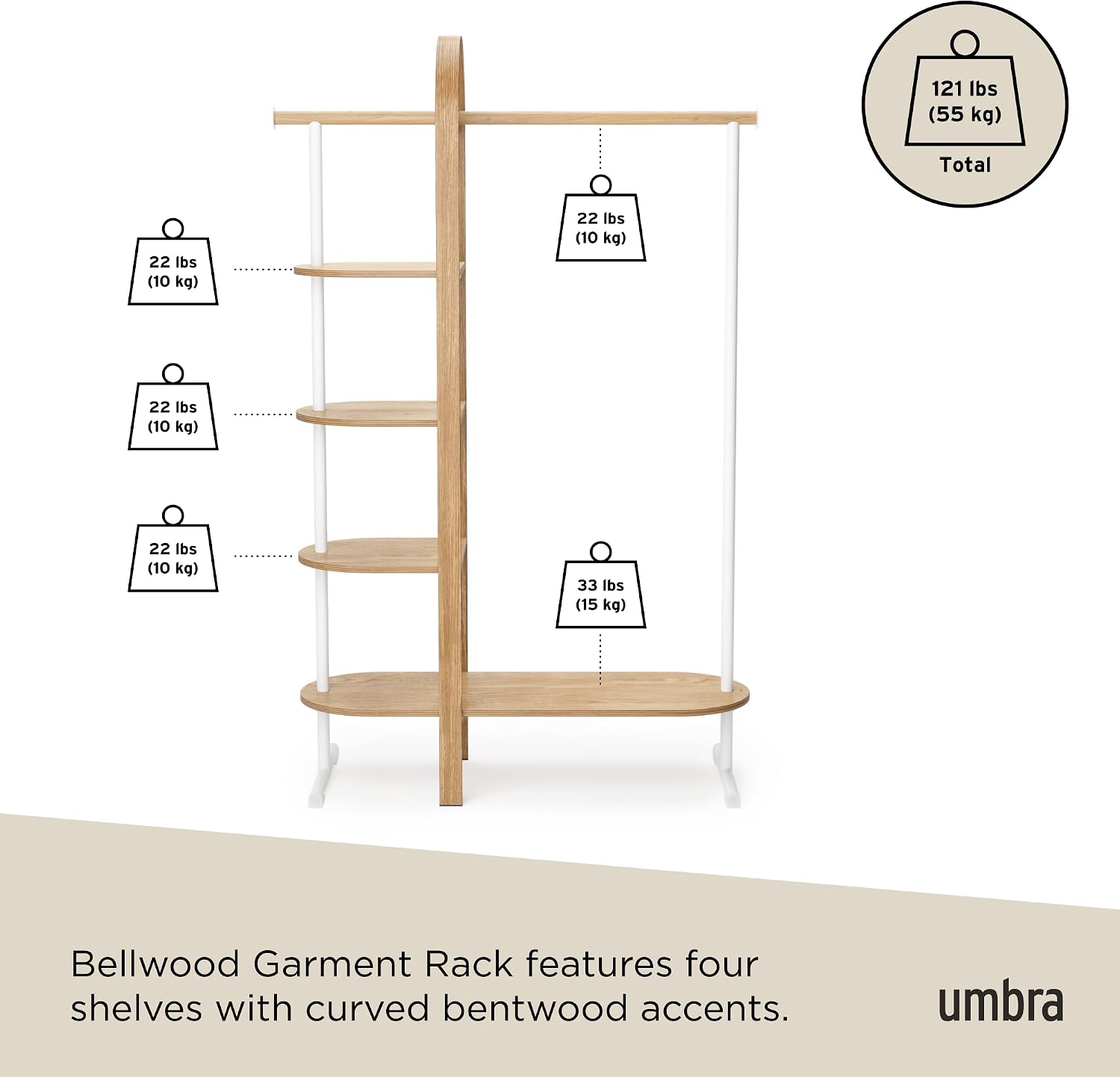 Umbra Bellwood Garment Rack Clothes Stand for Clothing, Coats, Dresses, with Shelf for Shoes and Accessories, White/Natural