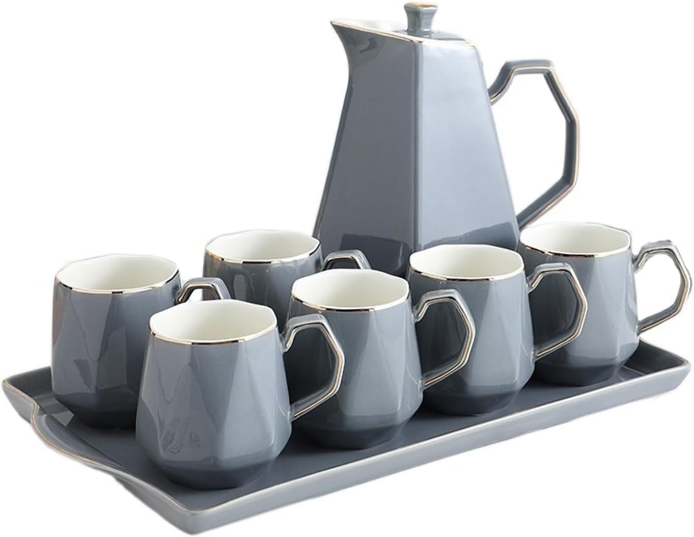 Beverage Serveware Nordic ceramic cold kettle set afternoon tea set teapot teacup home living room tie pot with tray Water Carafe(Gris)
