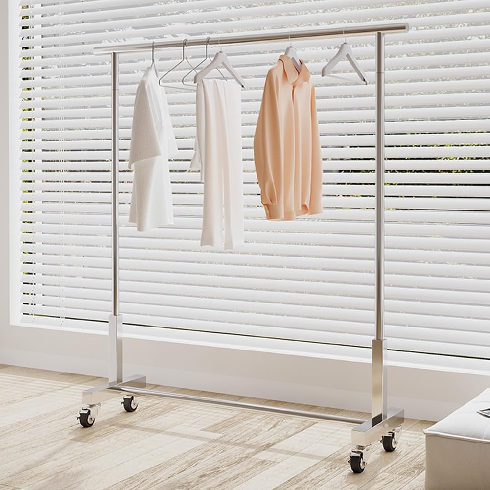 Steel Clothing Garment Rack with Wheels, Single Rail for Hanging Clothes, Heavy Duty Rolling Clothes Rack for Bedroom, Laundry Room, Silver (Color : Silver, Size : 60x40x130cm)