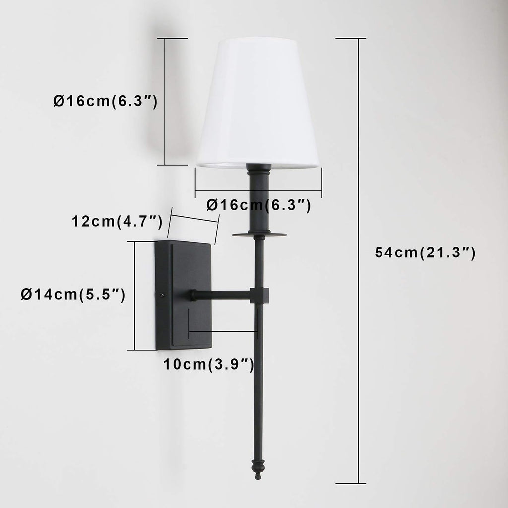 PERMO Set of 2 Classic Rustic Industrial Wall Sconce Lighting Fixture with Flared White Textile Lamp Shade and Black Tapered Column Stand, Hardwired, E26 Base