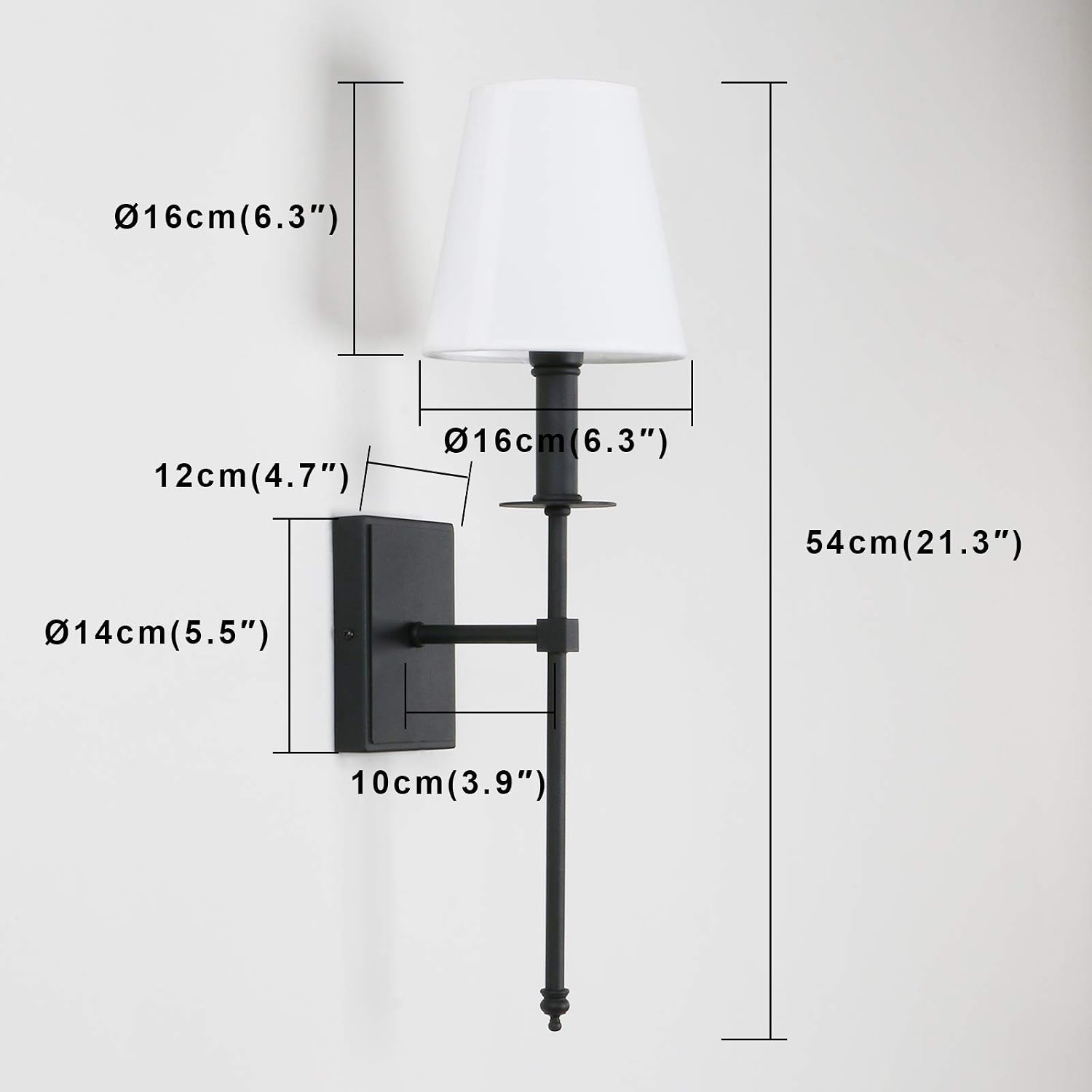 PERMO Set of 2 Classic Rustic Industrial Wall Sconce Lighting Fixture with Flared White Textile Lamp Shade and Black Tapered Column Stand, Hardwired, E26 Base