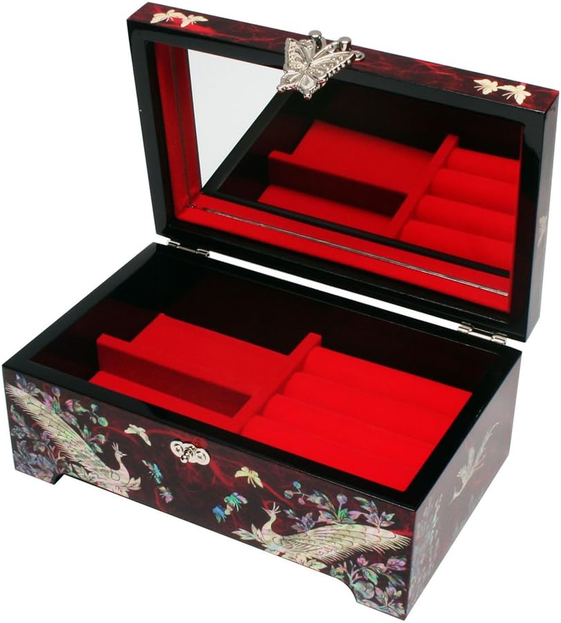 Antique Alive Mother of Pearl Inlay Design Jewelry Box, Wood Jewelry Box, Trinket Case, Keepsake Treasure Chest Box Organizer Holder (Peacock)