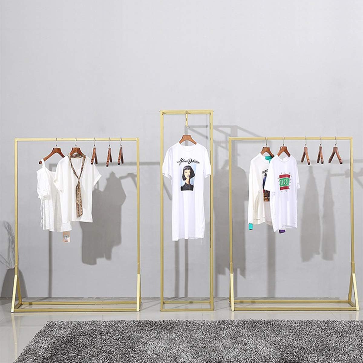 Modern Clothes Retail Heavy Duty Garment Racks,Metal Clothing Store Hanger Storage Shelves,Floor-Standing Display Rack (Gold Square Tube, 71' H)