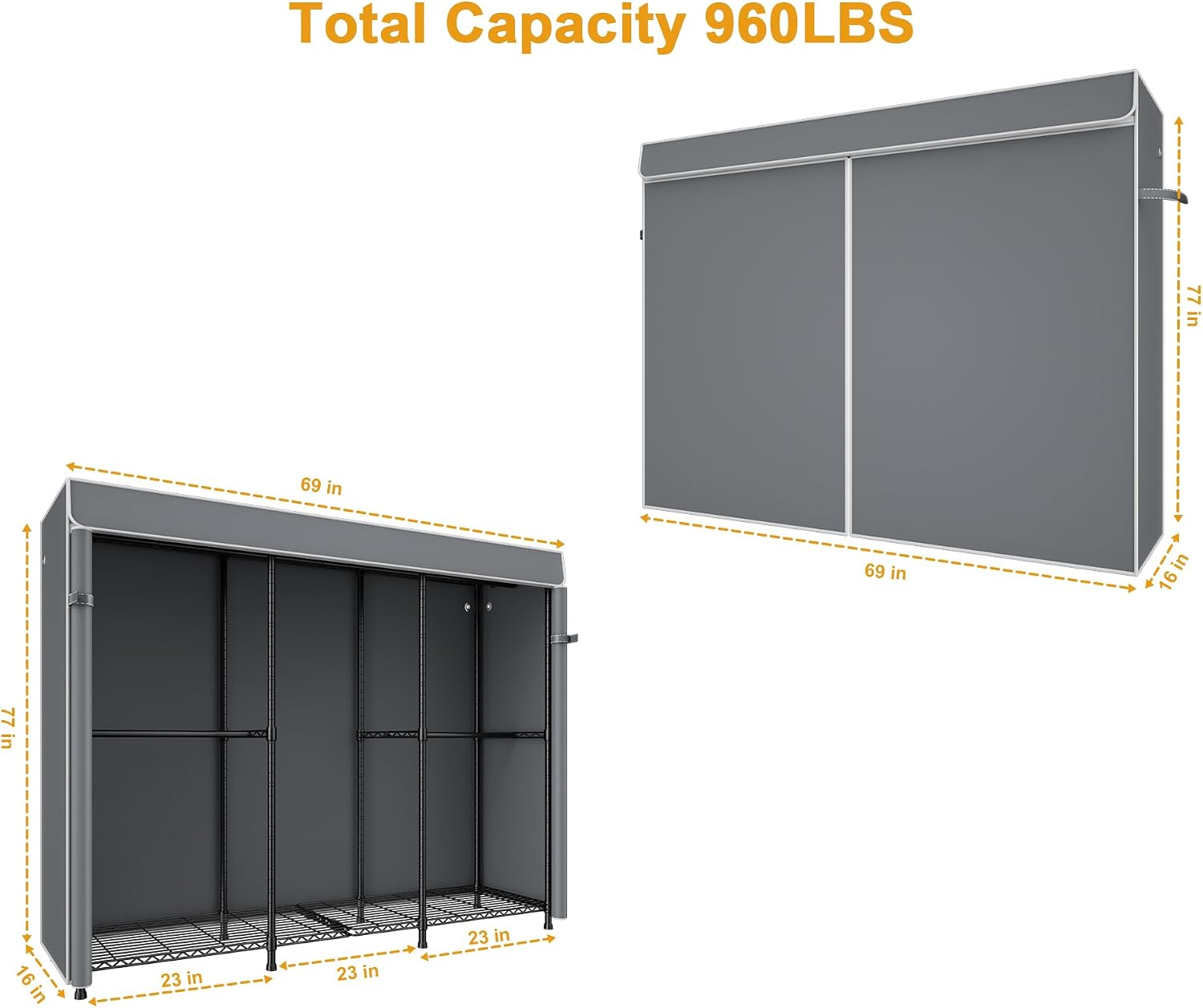 ULIFHOME E14C Pro Heavy Duty Closet Organizer System，Freestanding Clothing Racks for Hanging Clothes，Adjustable Garment Rack 69' W × 16' D × 77' H Hold 960 lbs，Black Rack with Grey Dustproof Cover