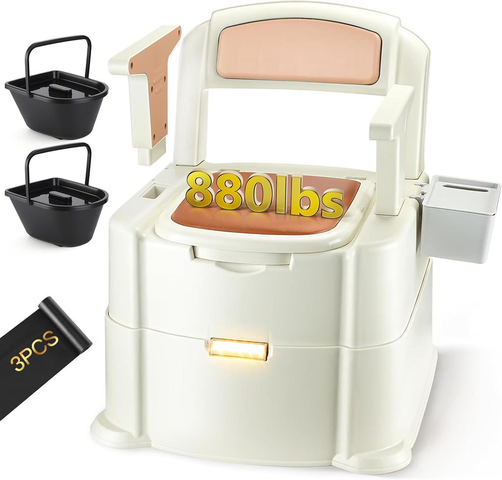 500 Lbs Heavy Duty Bedside Commode, 3-in-1 Portable Potty Chair for Elderly & Adults, Night Toilet with Motion Light, PU Padded Sofa Chair, 2 Heights, Buckets & Tissue Box