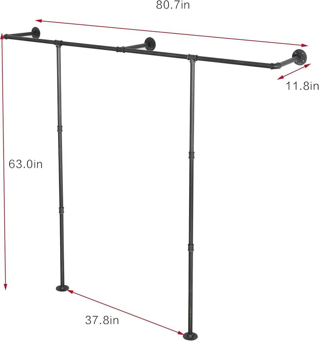 Industrial Pipe Clothes Rack, Heavy Duty Wall Mounted Black Iron Garment Bar,Retail Display Rack Closet Storage Clothes Organizer (80.7, Black)