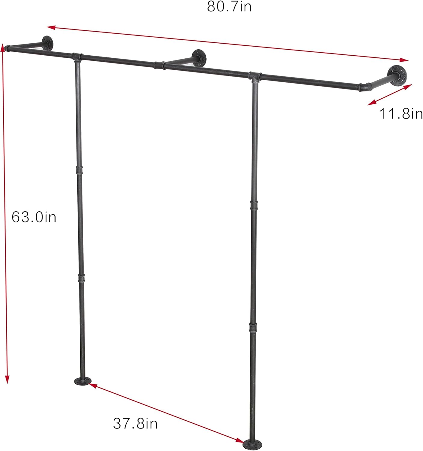 Industrial Pipe Clothes Rack, Heavy Duty Wall Mounted Black Iron Garment Bar,Retail Display Rack Closet Storage Clothes Organizer (80.7, Black)
