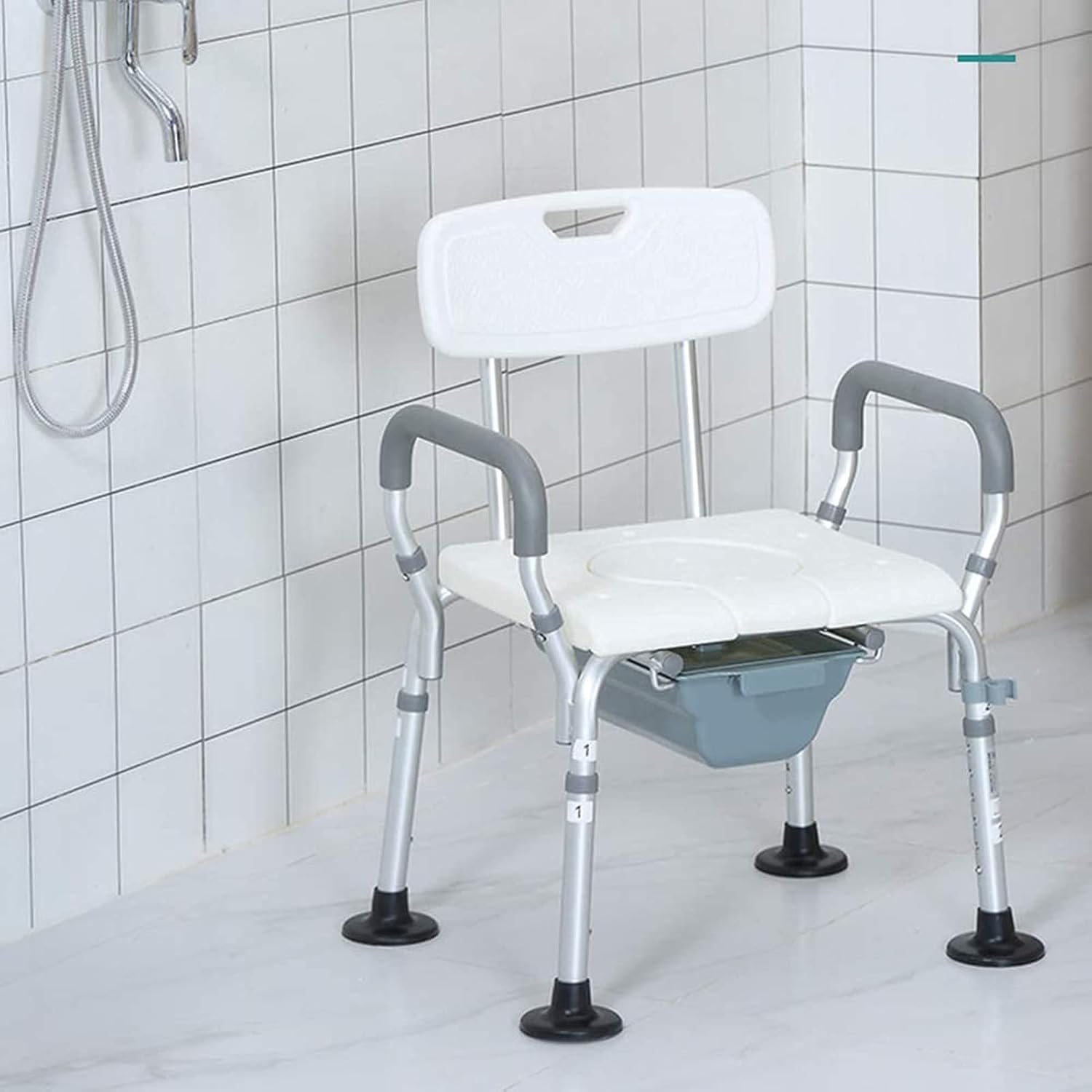 Shower Chair, Height Adjustable, Shower Seat for Elderly Heavy Duty U-Shaped Cutout, Adults and Disabled Aid Commode Seat with Arms and Back Mat, Bath Lift Toilet Chair Show (White B)