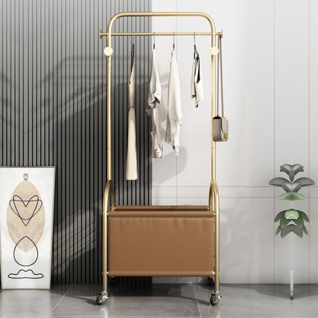 Clothes Rack Gold,Freestanding Coat Rack Modern Rolling Garment Rack with Wheels and Bottom Shelves,Metal Tree Hat Coat Hanger Floor Free Standing Wall Bedroom Easy Assembly (golden,60cm)