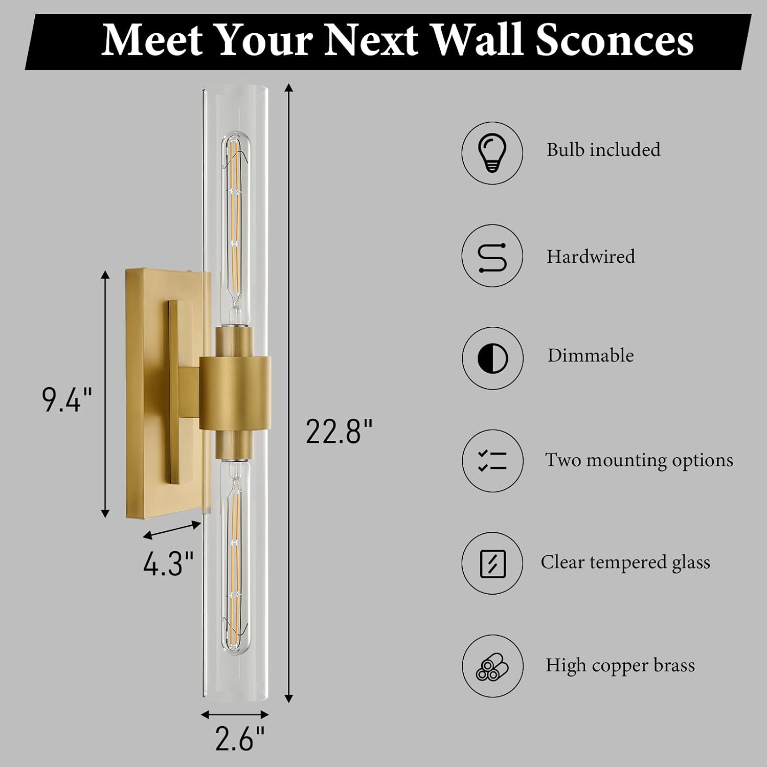 Gold Brass Bathroom Wall Sconce - Set of 2 Modern Long Linear Dimmable Sconces - Clear Glass Tube Vanity Light - Vertical or Horizontal Mounted Lighting Fixture for Indoor Bedroom Living Room Hallway