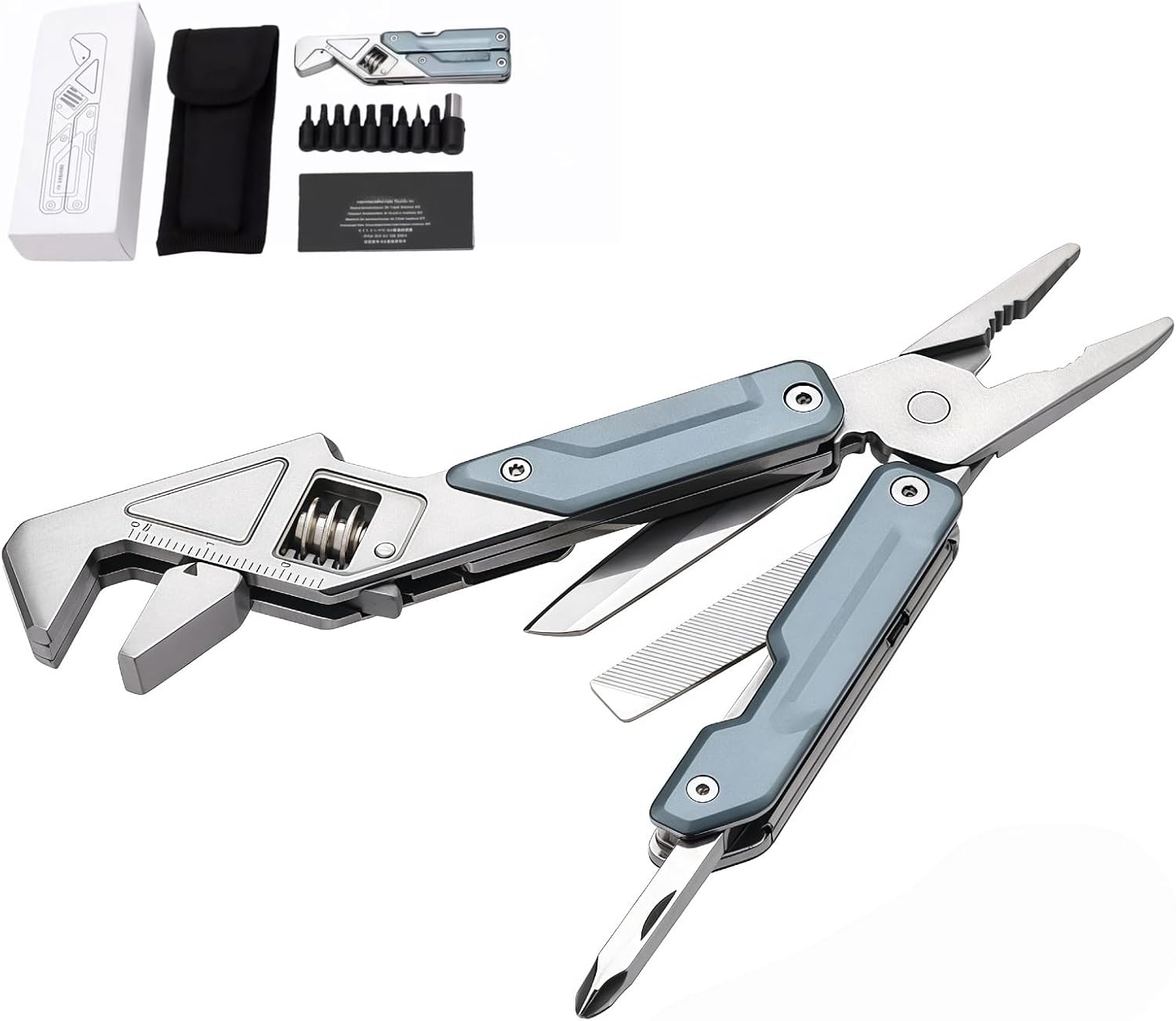Multitools, 8-in-1 Full-Size, Lightweight EDC, Multi-Purpose Pliers, Small Wrench, Nylon Bag, Portable Tools, Men Gift Ideas, Equipment for Emergencies, Hiking, and Outdoor Camping (Blue)