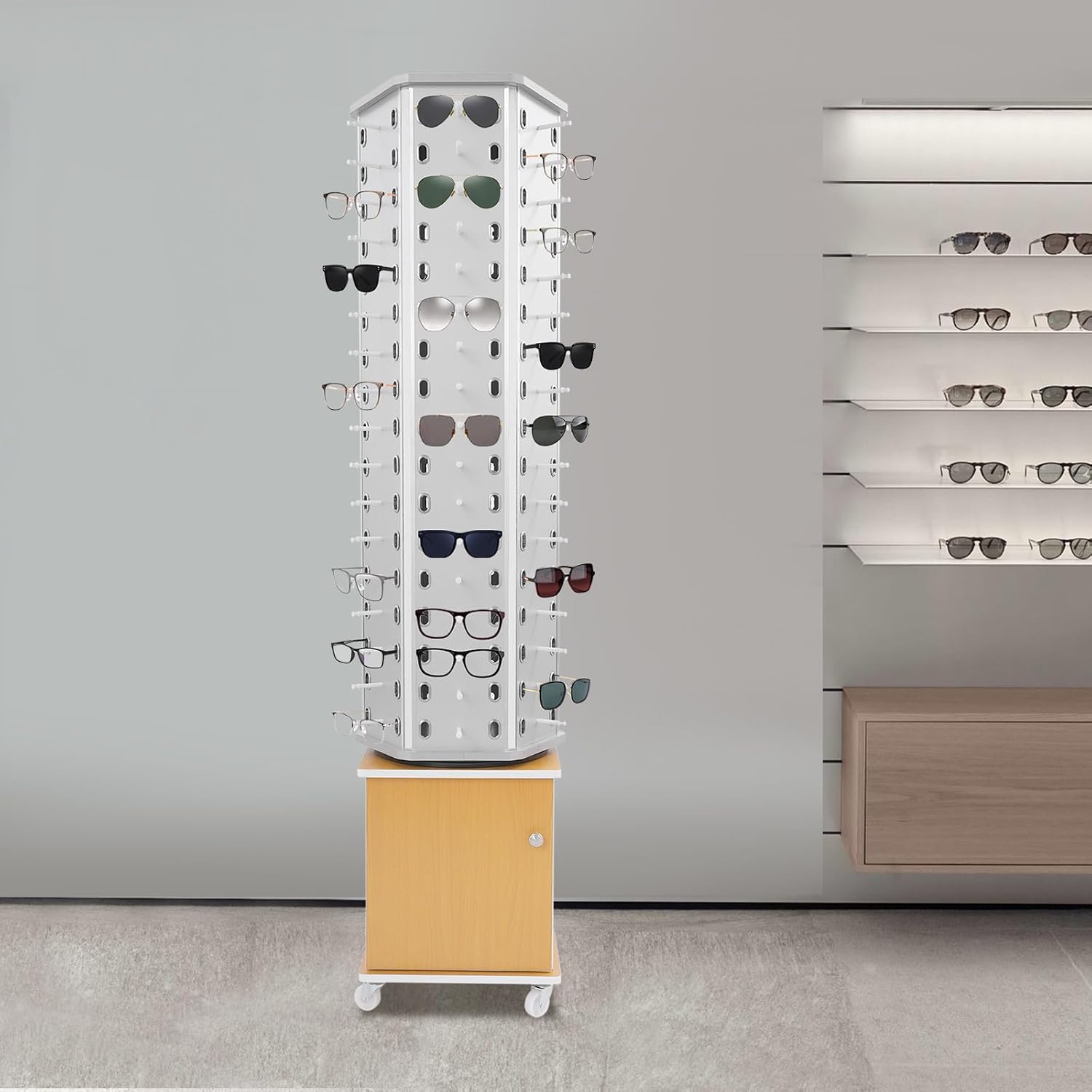 102 Capacity Eyeglass Display Stand 360° Rotating Sunglasses Rack Organizer Holder with Base Square Freestanding Countertop Spinner for Retail Boutique, Hexagon (Sliver, Yellow, 102 Pairs)