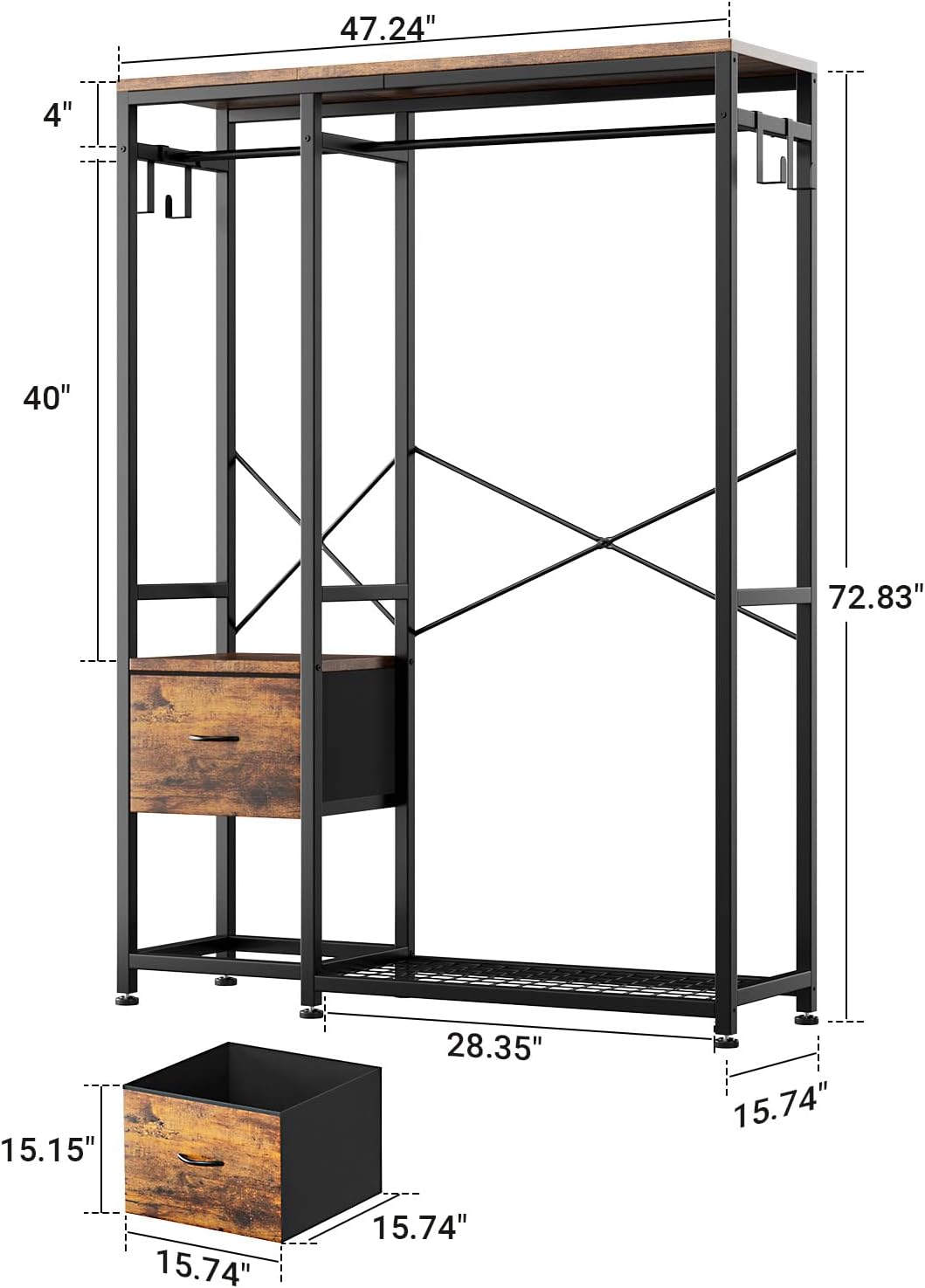 Lulive Clothes Rack with 2 Rods, Shelves, Drawers & Hooks, Garment Rack | Clothes rack with 2 hanging rods (50lbs each), 2 shelves, 2 fabric drawers & 4 hooks. 300lb total capacity. Fits small spaces