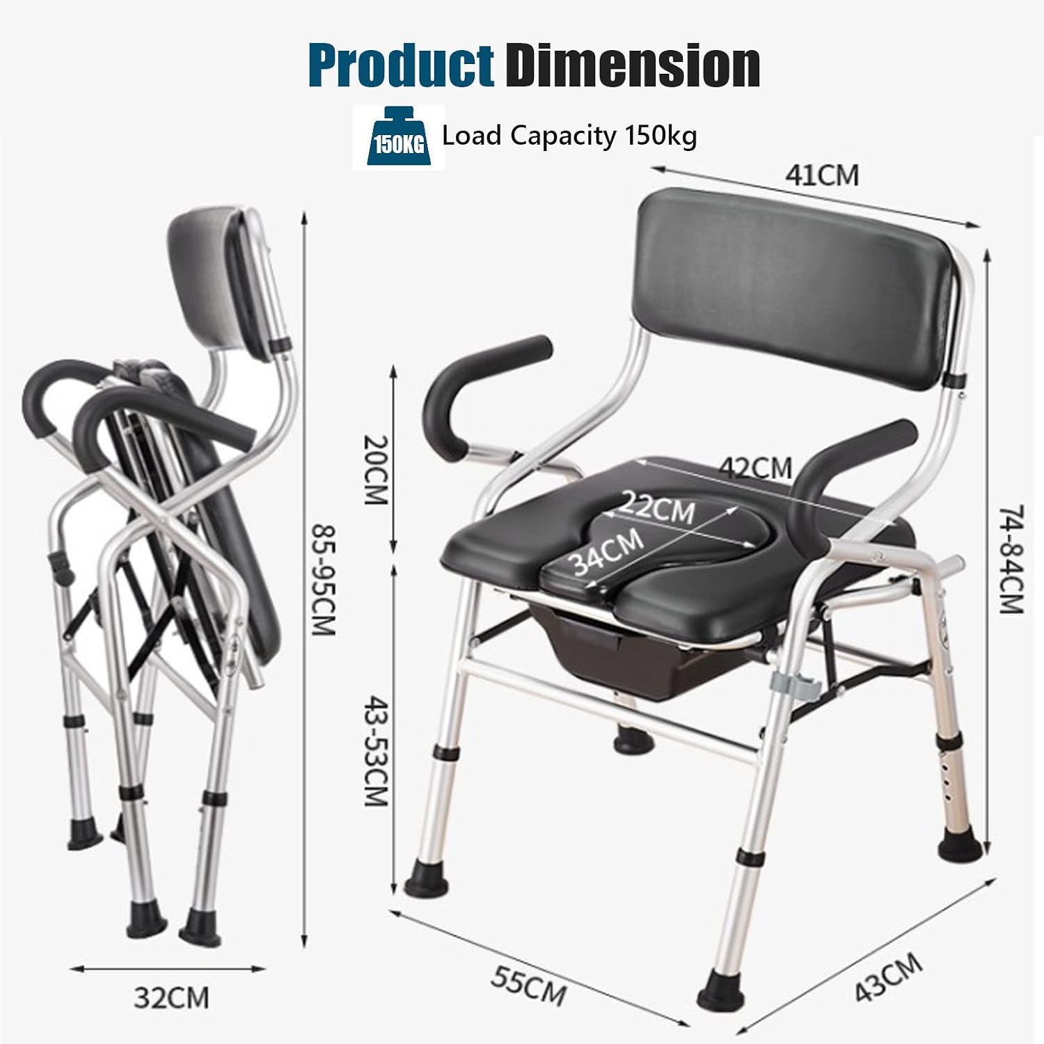 Bariatric Bedside Commode, Folding 3 in 1 Toilet Seat Chair with Bucket, Portable, Extra Wide, Adjustable Height Heavy Duty Adult Bathroom