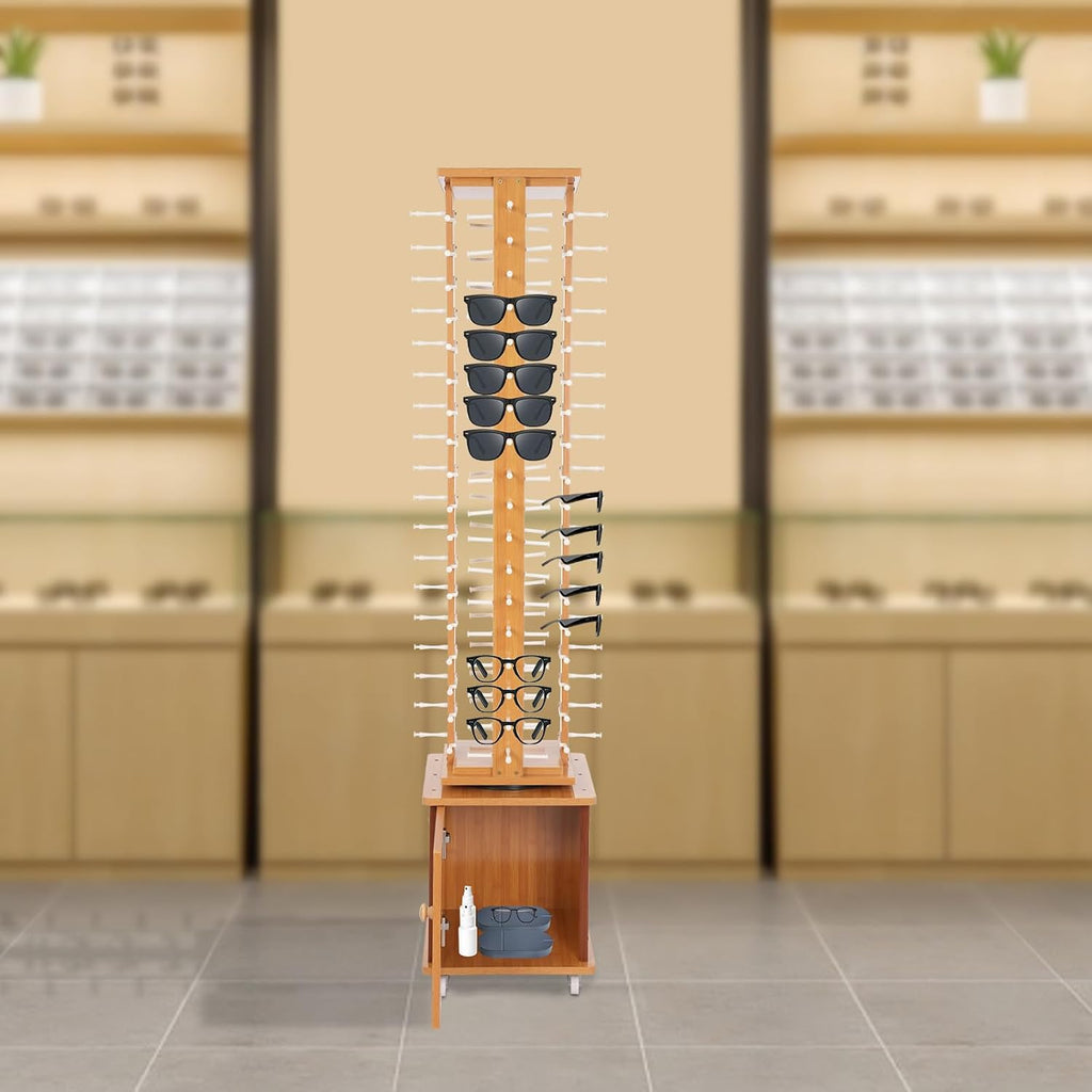 72 Pairs Glasses Sunglasses Display Stand, 360° Rotating Glasses Storage Display Rack with Cabinet, Floor Sunglasses Display Rack with Wheels, 66.14in Height with Wheels (Light Log Color)