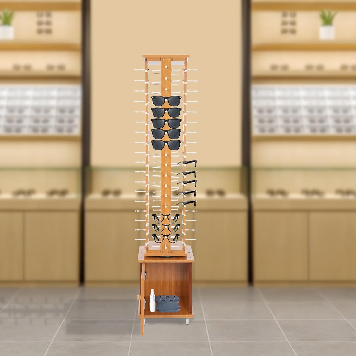 72 Pairs Glasses Sunglasses Display Stand, 360° Rotating Glasses Storage Display Rack with Cabinet, Floor Sunglasses Display Rack with Wheels, 66.14in Height with Wheels (Light Log Color)