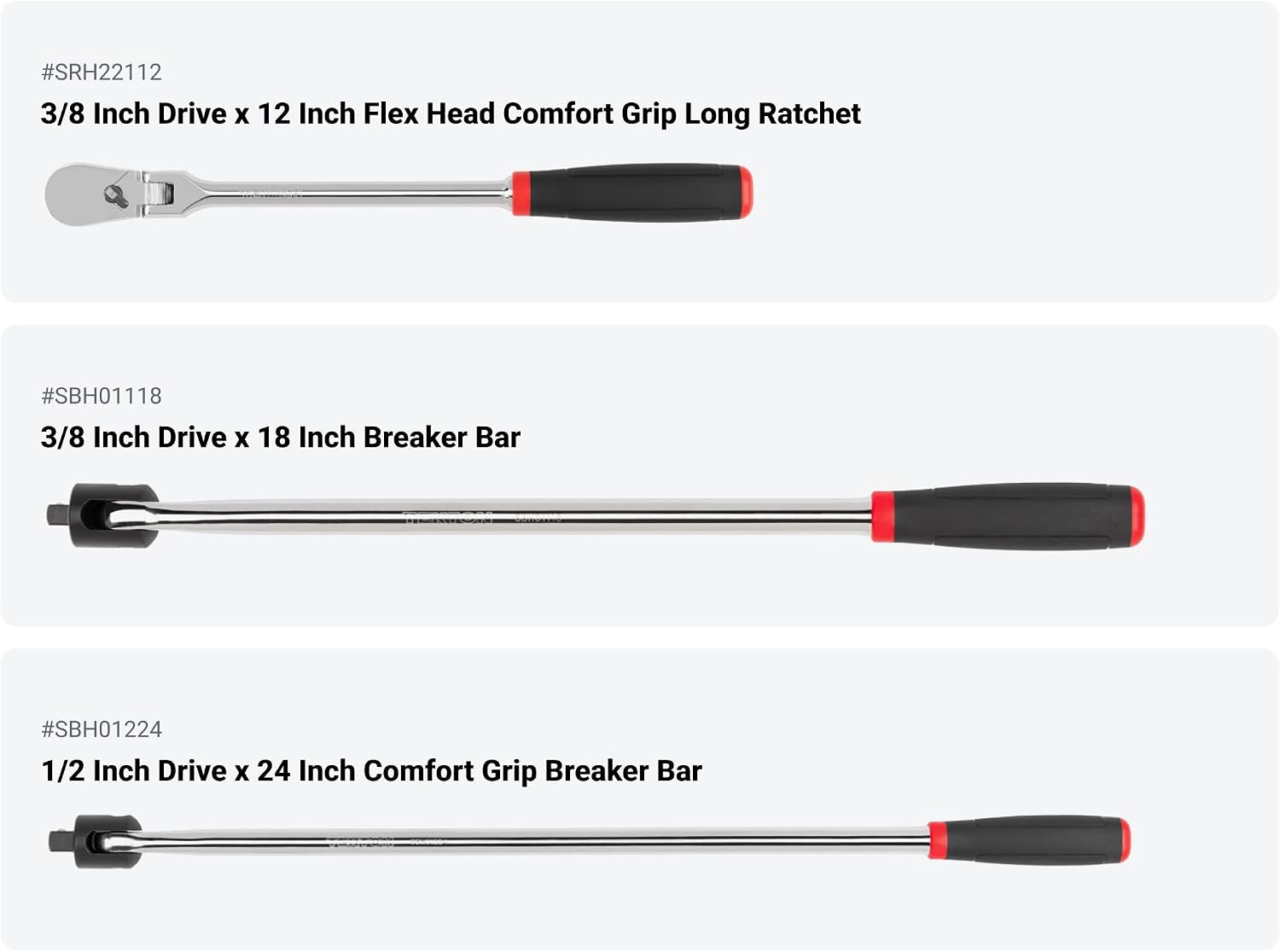 TEKTON 1/4, 3/8, 1/2 Inch Drive Non-Quick-Release Comfort Grip Ratchet and Breaker Bar Set (15-Piece) | SDR99903