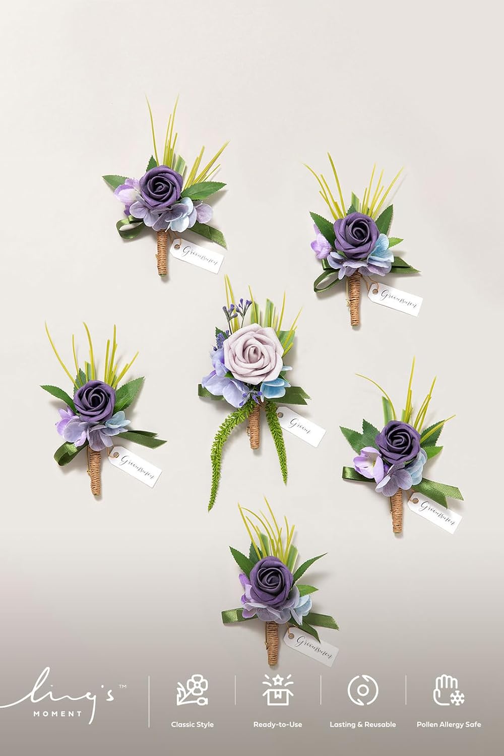 Ling's moment Wedding Artificial Flowers Package, Bridal Bouquet, Bridesmaid Bouquets, Boutonniere for Men, Rose Petals.Sage Purple Provence