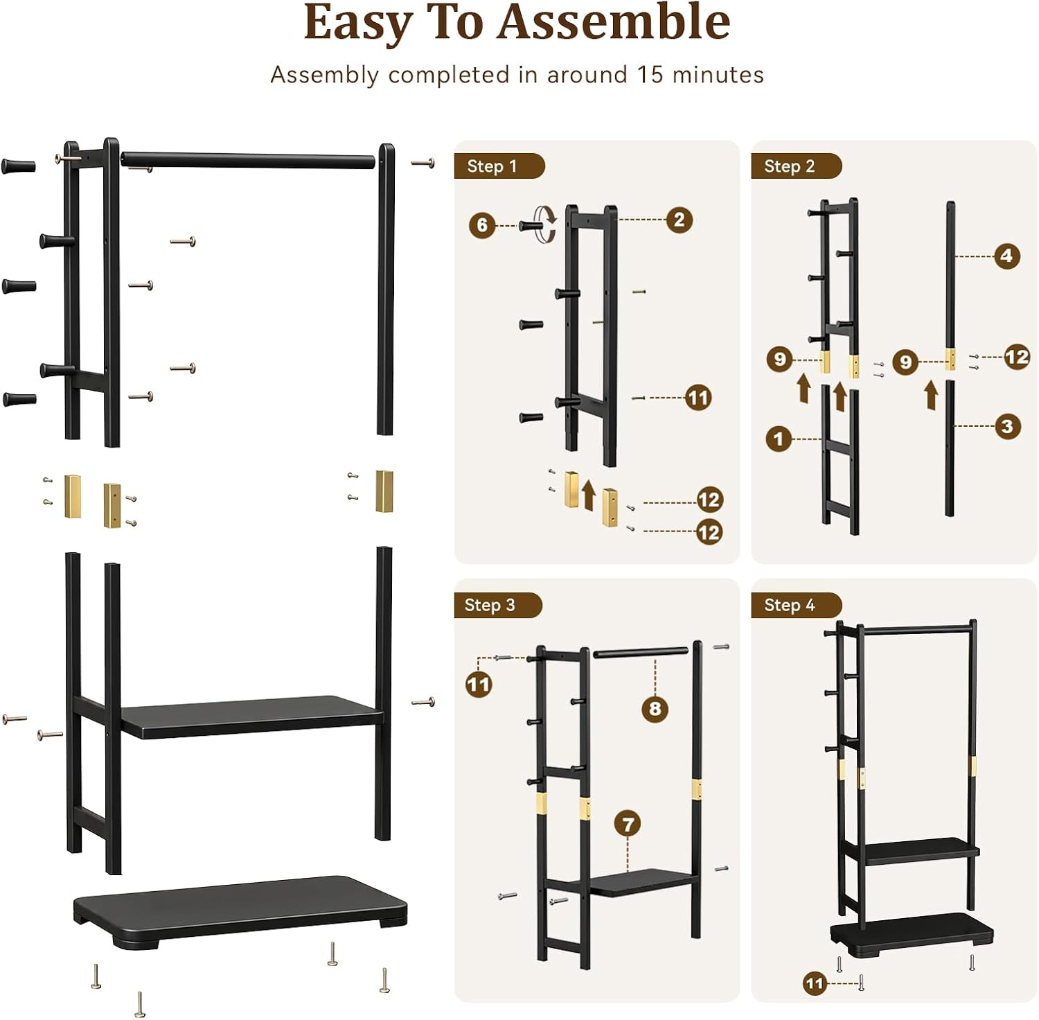 Solid Wood Clothes Rack with 2 Shelves & 4 Hooks for Hanging Clothes Garment Wallets Hats, Black Clothing Rack Heavy Duty Coat Rack Freestanding with Storage Hall Tree for Hallway Bedroom Living Room