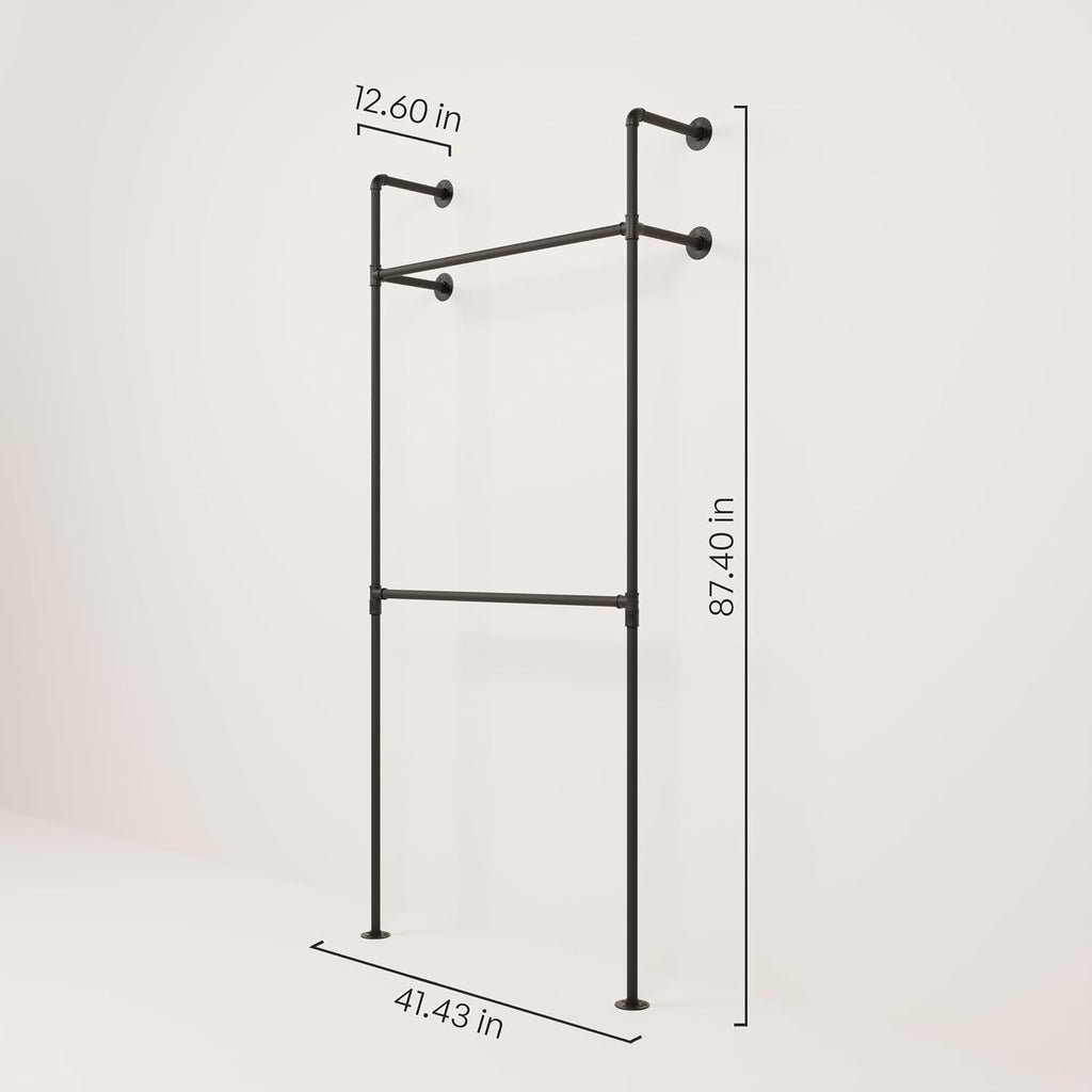 pamo Industrial Pipe Clothing Rack – Wall Mounted Black Closet System in Powder-Coated Steel – 41.4' W × 87.4' H – Easy Setup – Ideal for Walk-In Closets & Retail Use