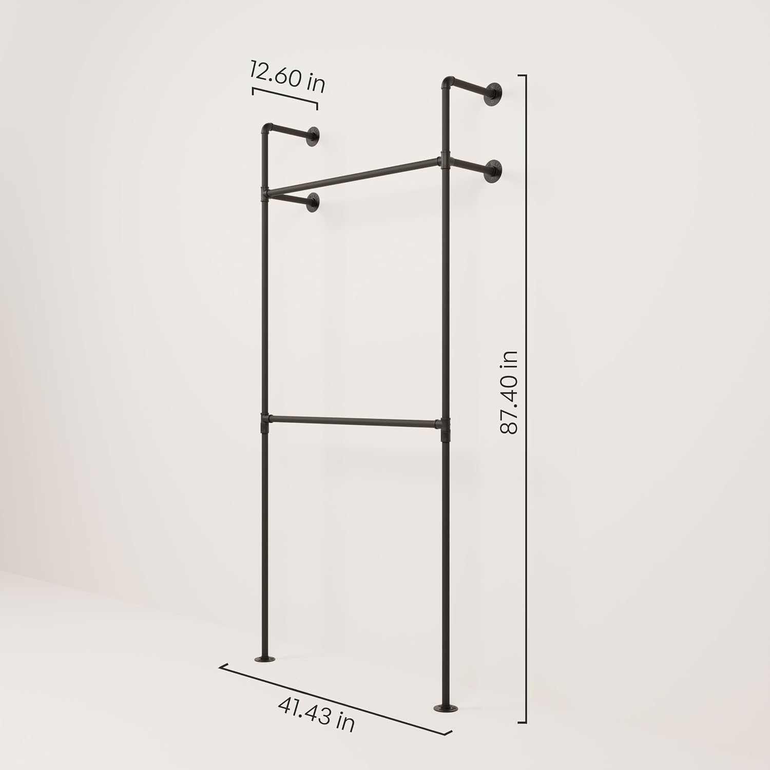 pamo Industrial Pipe Clothing Rack – Wall Mounted Black Closet System in Powder-Coated Steel – 41.4' W × 87.4' H – Easy Setup – Ideal for Walk-In Closets & Retail Use