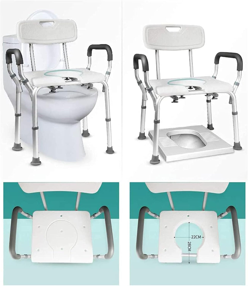 Shower Chair, Height Adjustable, Shower Seat for Elderly Heavy Duty U-Shaped Cutout, Adults and Disabled Aid Commode Seat with Arms and Back Mat, Bath Lift Toilet Chair Show (White B)