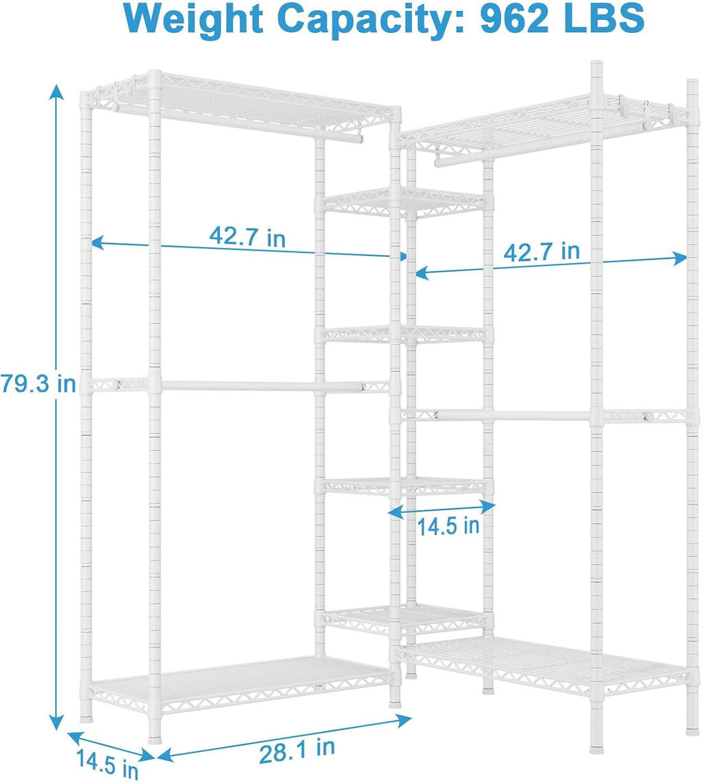 Ulif E4L L-shaped Clothing Rack for Corner, Heavy-Duty Freestanding Garment Rack, Metal Clothes Storage Organizer System with Shelves and Hangers, Max Load 962lbs, 42.7' W x 42.7' D x 79.3' H, White