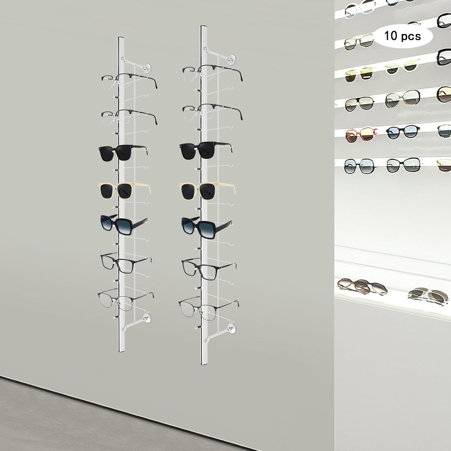 10pcs Wall Mounted Eye Glasses Display Rack 48' Aluminum Alloy Sunglasses Holder Organizer Retail Eyeglass Hanging Rack Holds up to 140 Pairs Eyewear Storage Holder for Stores Boutique