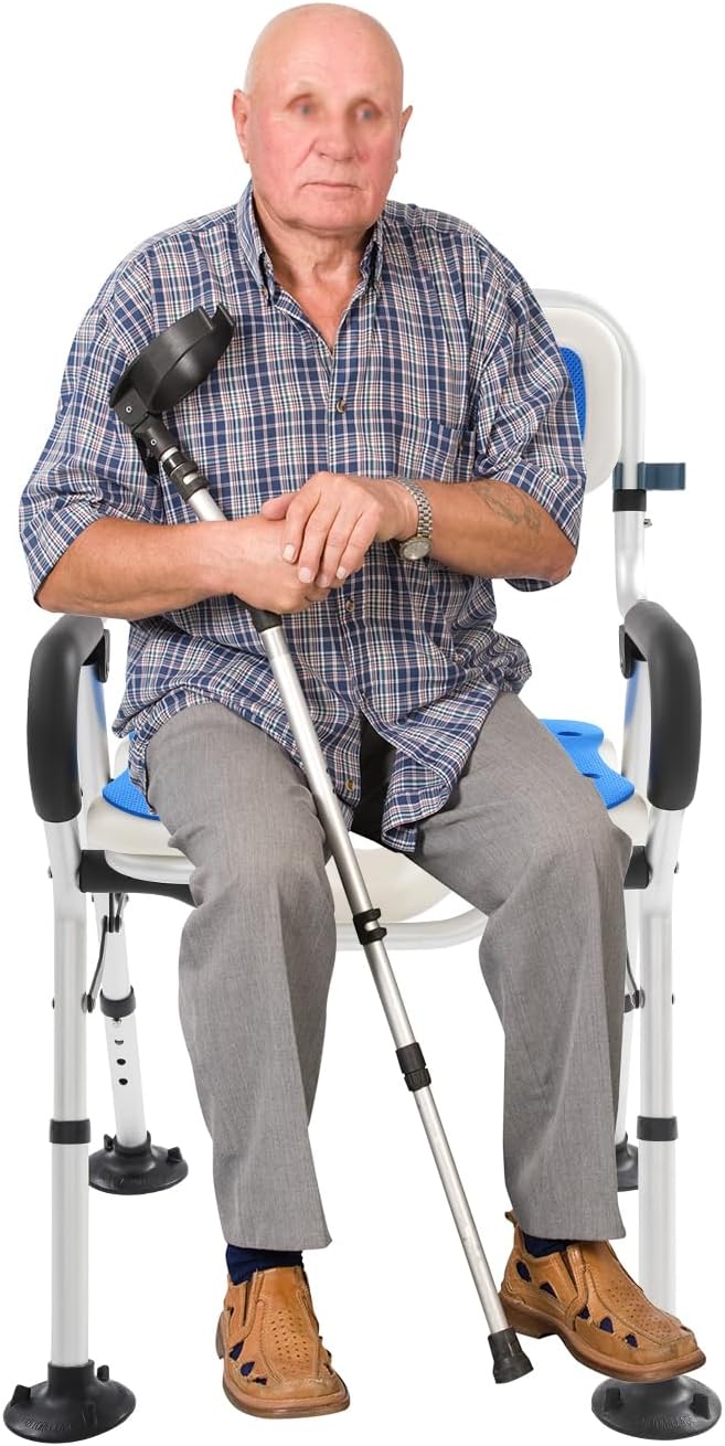 Folding Bedside Commode Chair -Toilet Seat Riser for Seniors Stable Portable U-Shape Seat - Shower Chair for Private Washing, Adjustable Height Chair - Supports Up to 330 Lb (Blue)