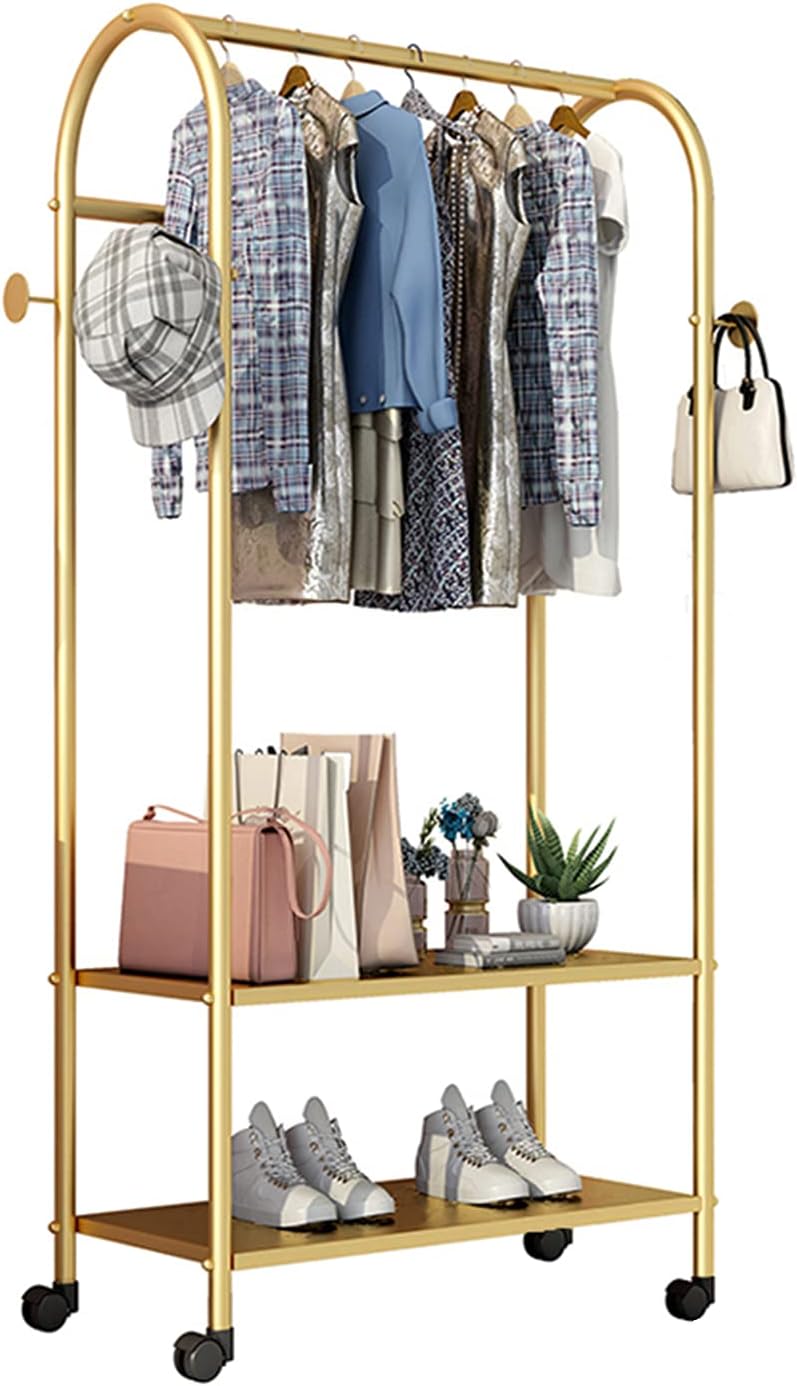 Garment Rack Heavy Duty Metal Rolling Garment Rack With Wheel, Retail Display Clothing Rack With 2 Tier Shelves And Hooks, Floor-Standing Wrought Iron Single Rod Coat Rac(Size:60x35x164CM,Color:Gold)