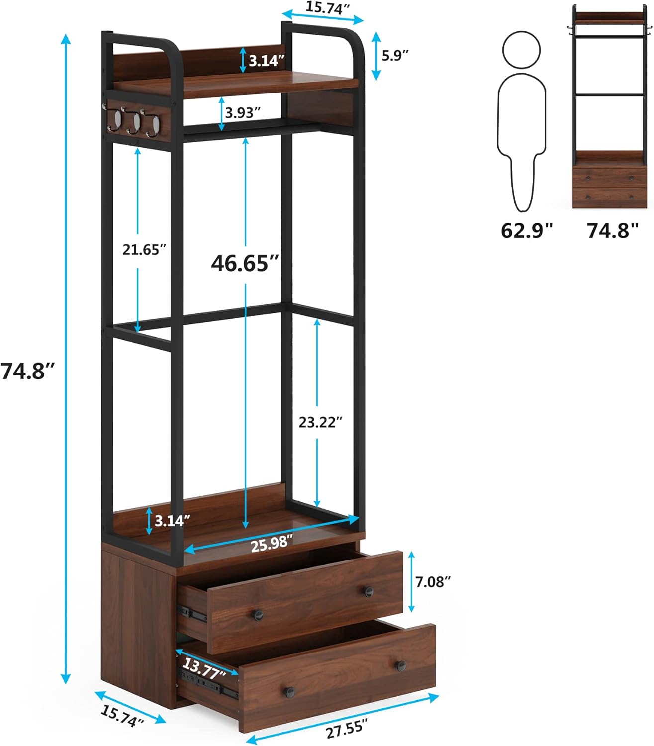 Tribesigns Freestanding Closet Organizer Small Clothes Rack with Drawers and Shelves, Heavy Duty Coat Rack Small Garment Rack Industrial Hall Tree for Entryway, Bedroom