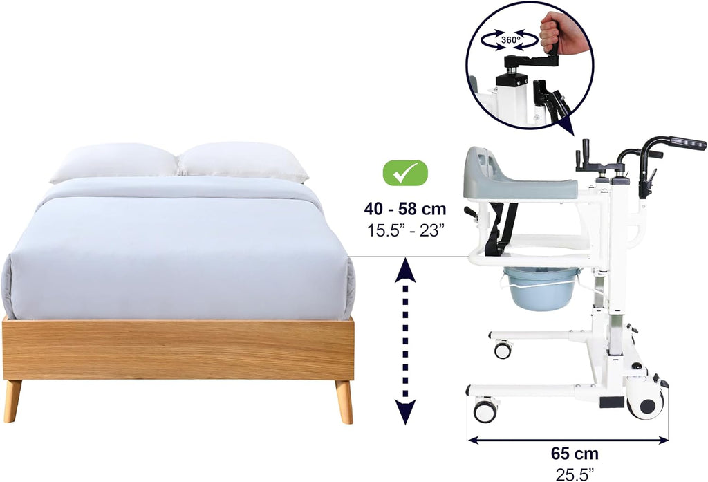 KMINA Patient Transfer Chair (Seat can be Raised up to 23 in), Commode Toilet Chair with Wheels, Bedside Chairs for Elderly - Not Suitable for Shower