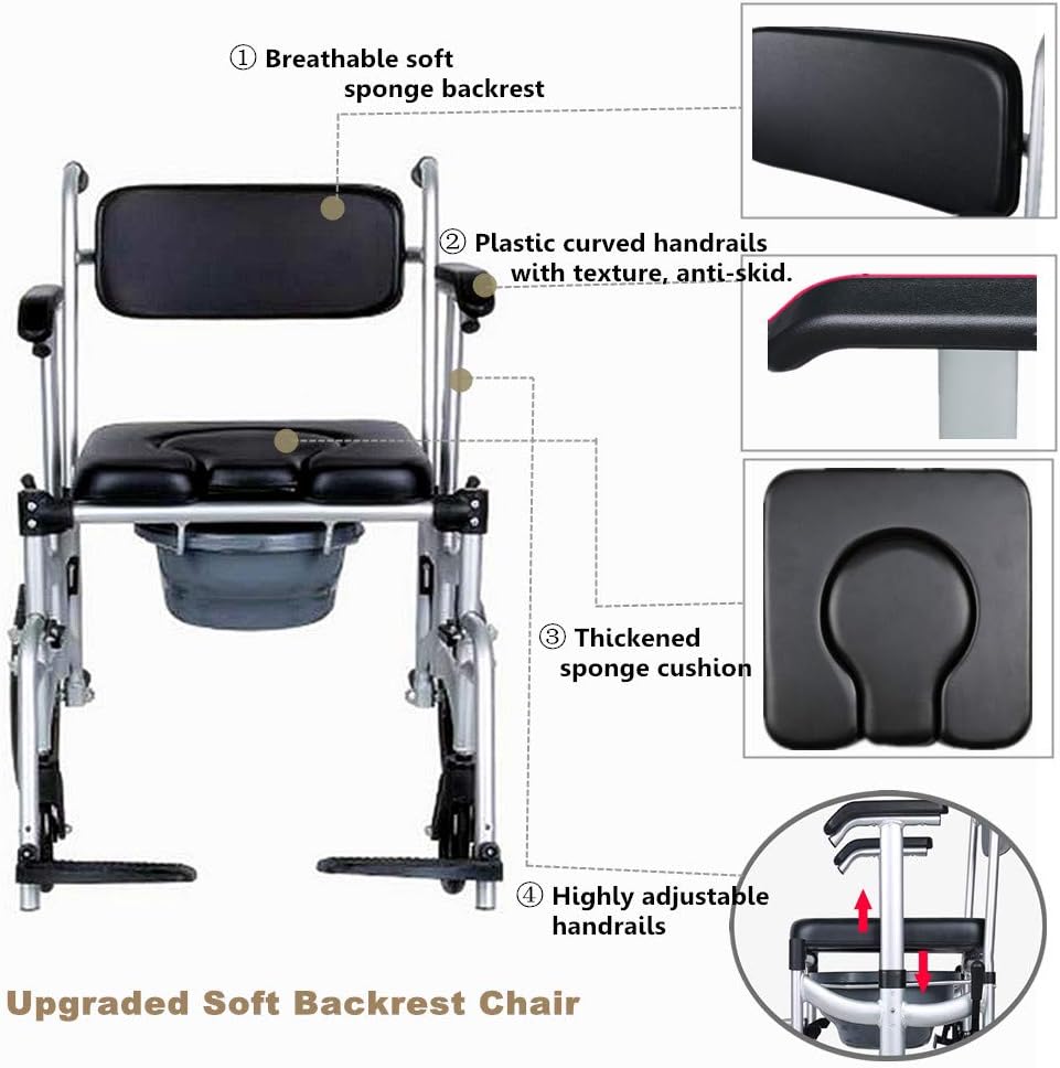 Mobile Shower Chair, 4-in-1 Toilet Commode Wheelchair with Brakes, Removable Pedal, Adjustable Armrest, PU Backrest Cushion and Pail 330lb
